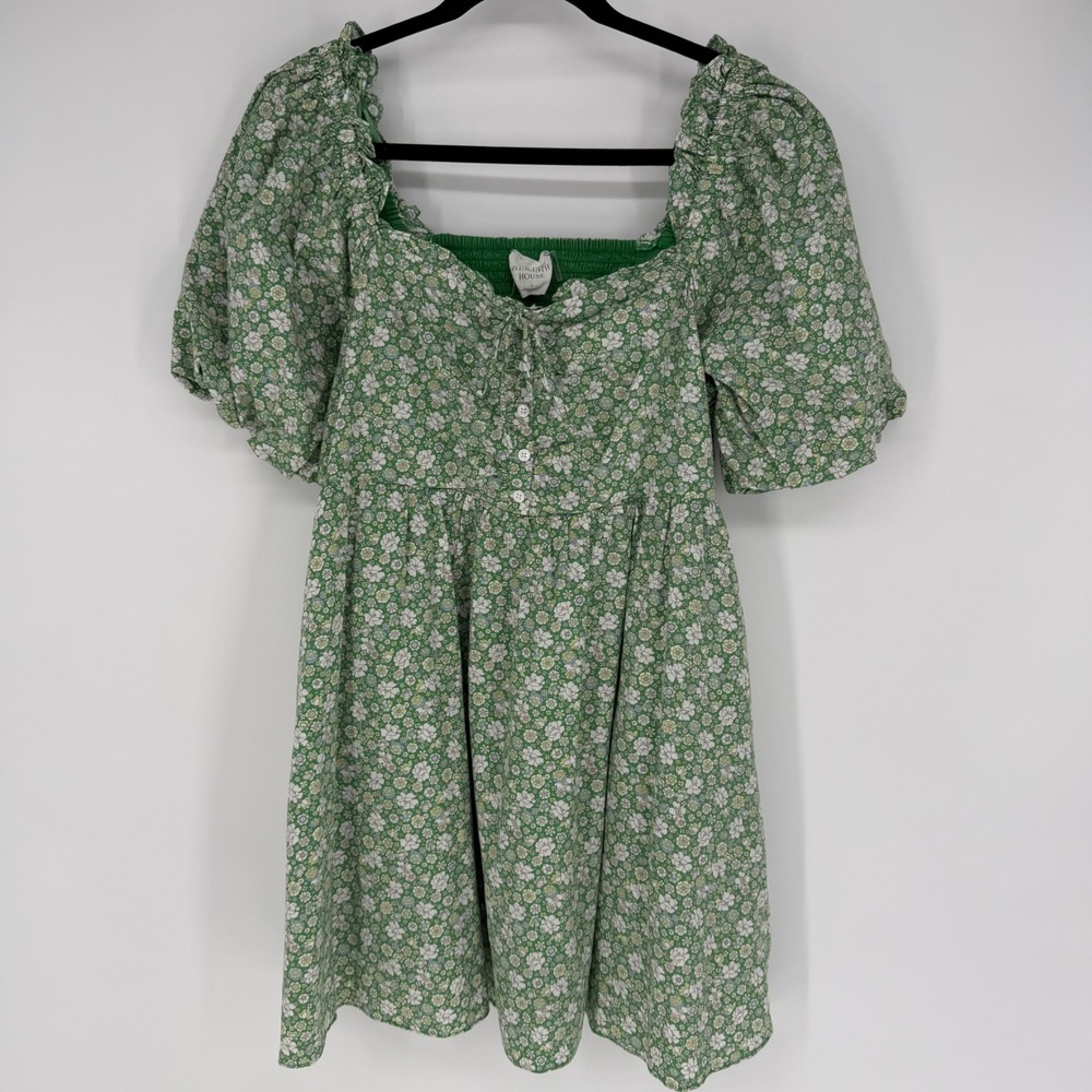 HYACINTH HOUSE GREEN FLORAL COTTON MINI DRESS‎ BABYDOLL LARGE COTTAGECORE